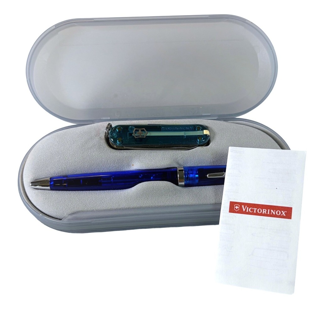 Victorinox Cross Pen and Swiss Army Knife Gift Set Translucent Blue Classic SD